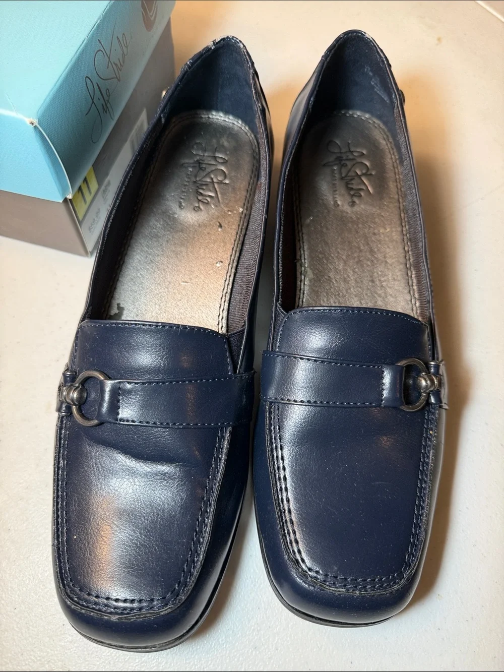 Life Stride Navy Leather Slip-On Loafers. Shoes do have some peeling inside.